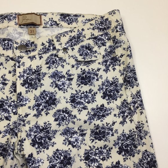 PAIGE Blue White Floral Print PEG 5 Pocket Logo Hardware Skinny Jeans - Picture 5 of 10